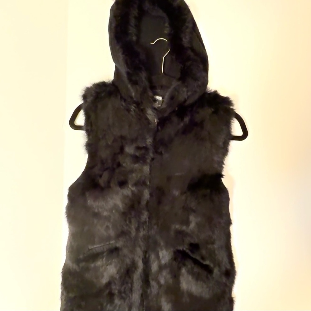 SHINE NEW YORK Rabbit Fur Blend Hooded Vest Black Size M